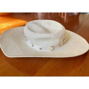 Importina Vintage Straw Hat, Cream White Pearls‎ Travel Boho Resort Formal